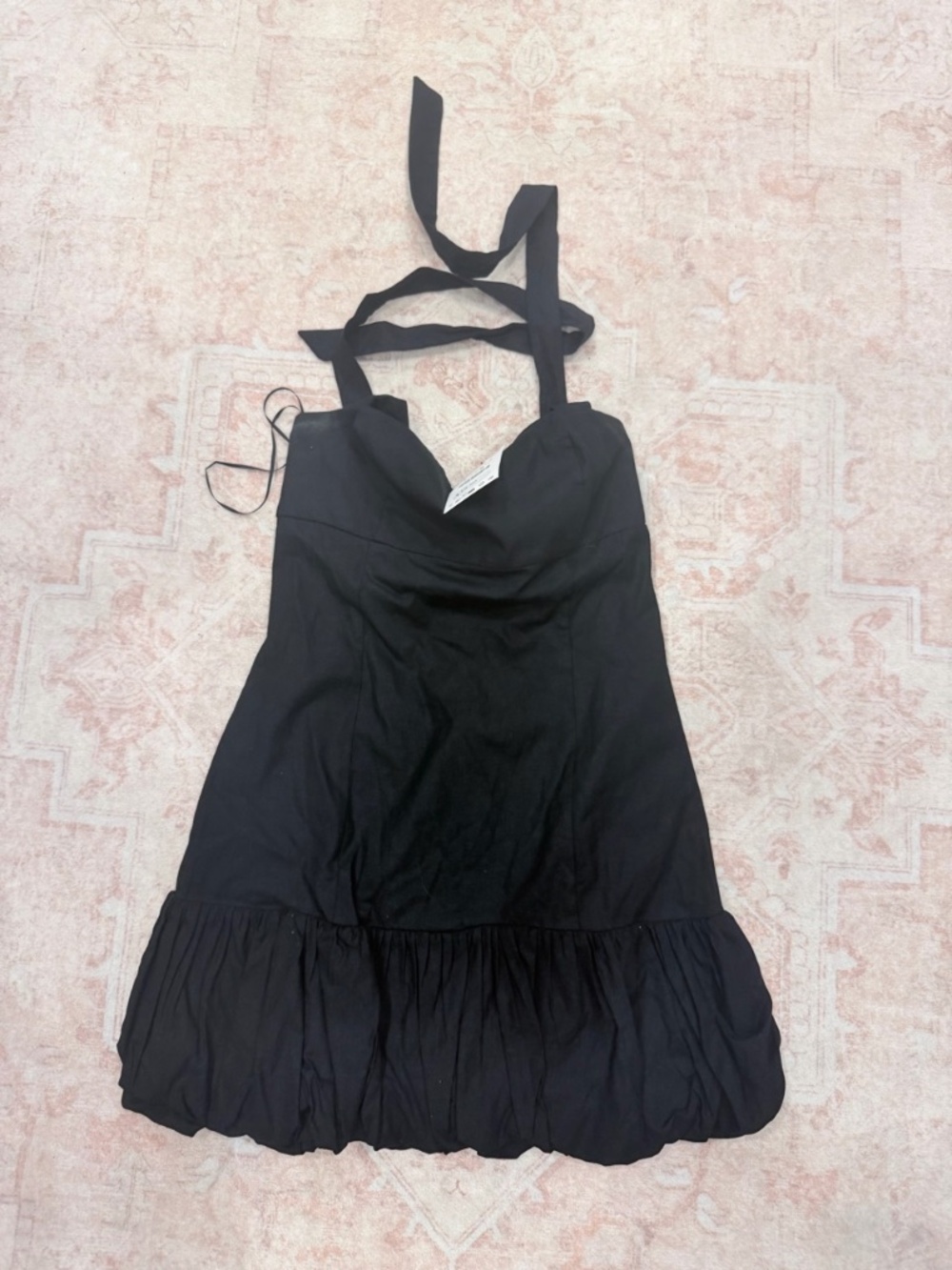 ZARA Black Linen Blend Halter Bubble Hem Mini Dress Size L